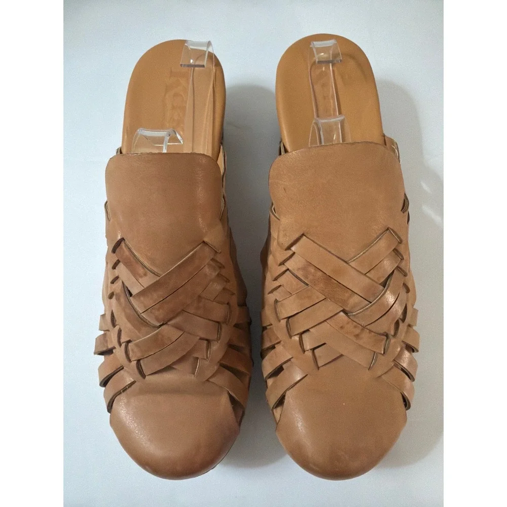 Korks by Kork-Ease Tan Woven Leather Wood Wedge Clogs Mules Size US 11 EU 43 - Picture 4 of 14